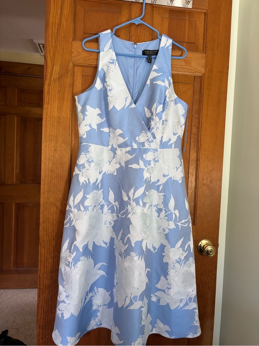Aidan Mattox by Adriana Papell Blue  and White Jacquard V Neck Dress Size 18